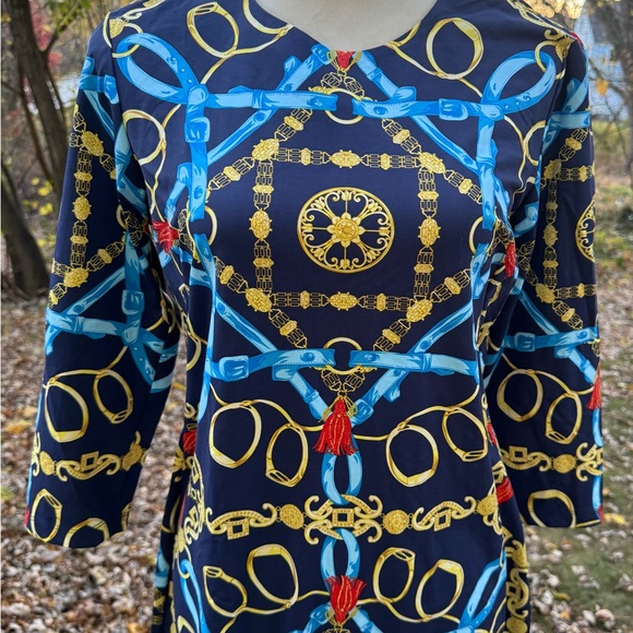 J McLaughlin Tunic Dress Blue Chain Link V Neck Preppy Equestrian Size Medium - Picture 2 of 11